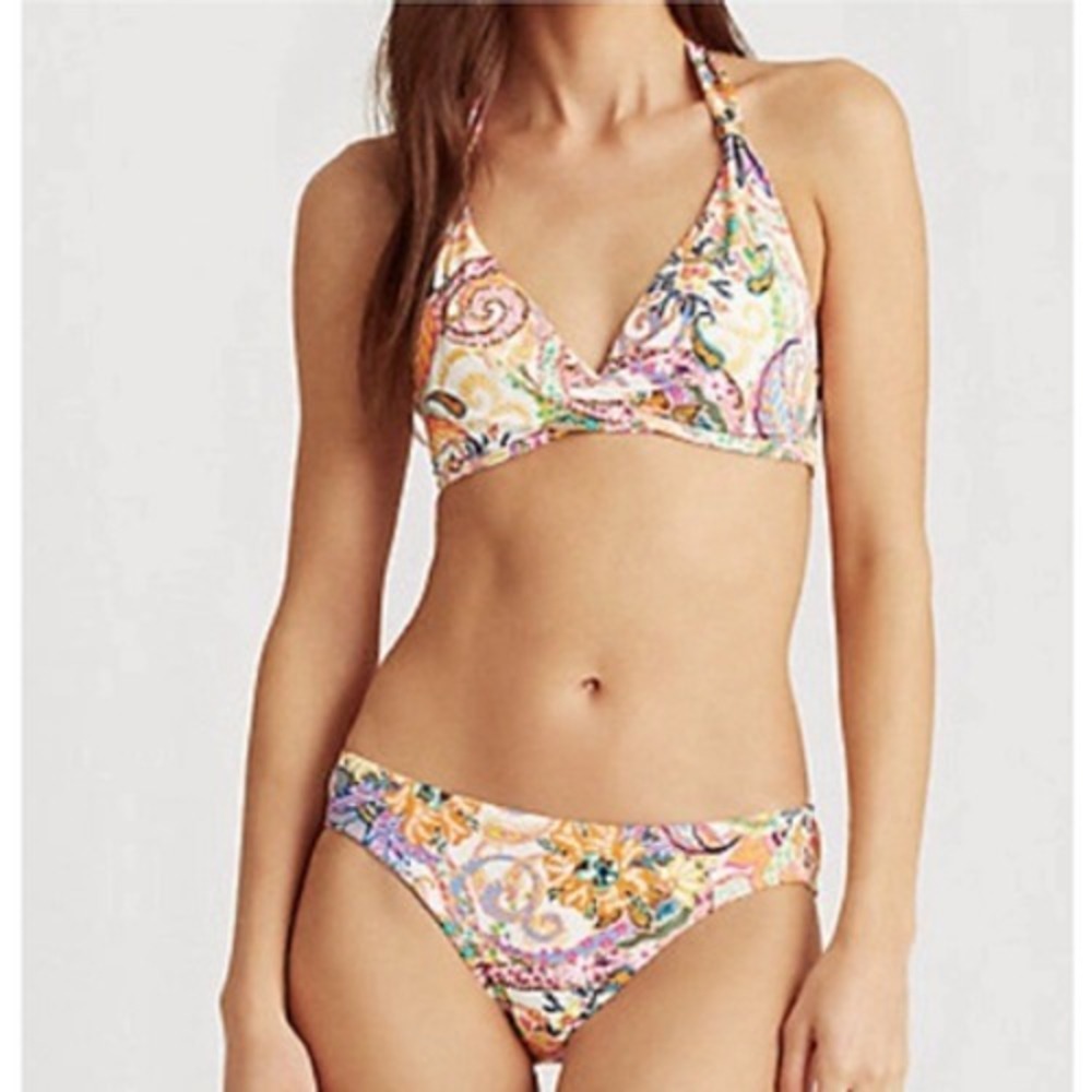 Lauren Ralph Lauren Majestic Paisley Bikini Shirred Hipster Halter Top Sz 12 B/C